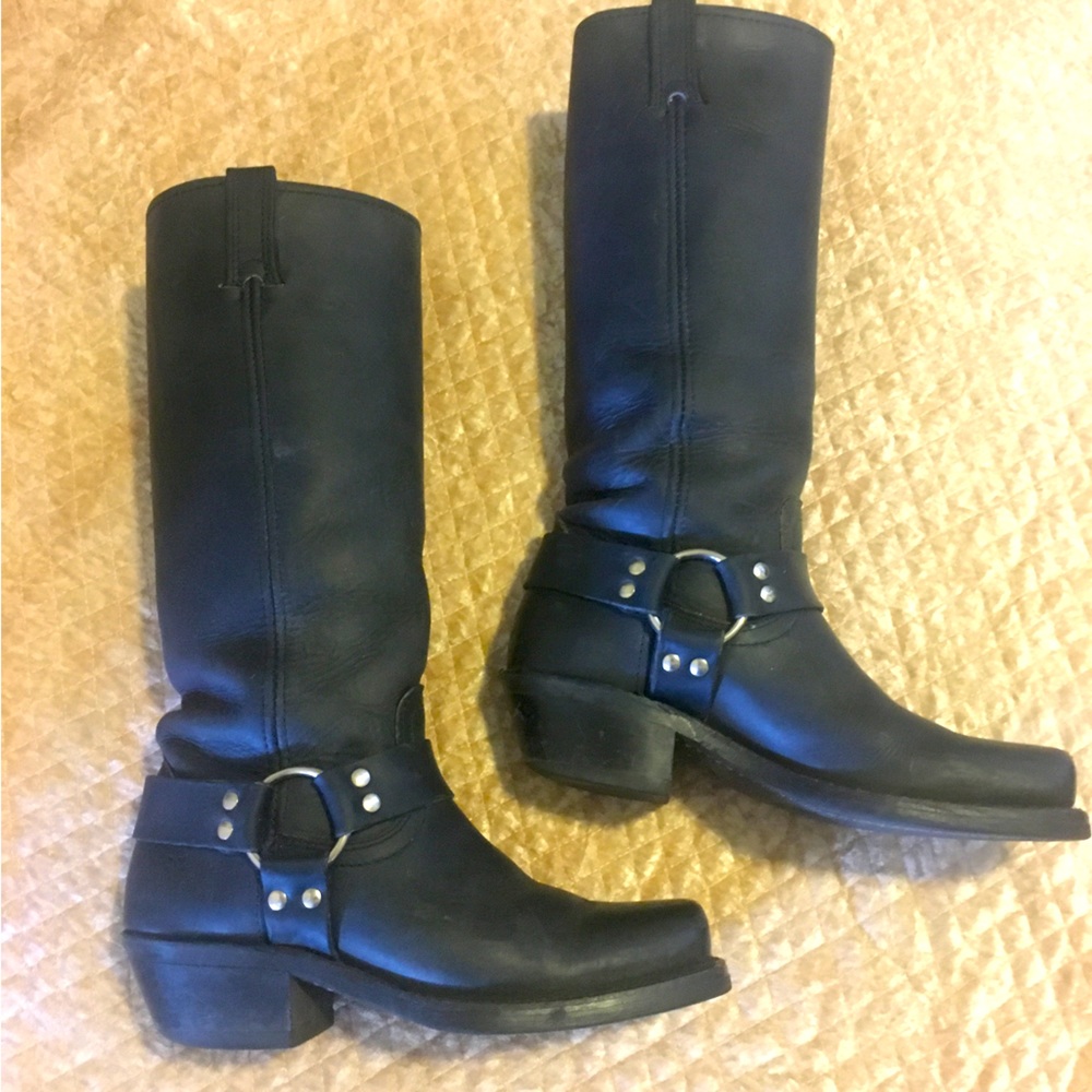 Frye Tall Black Leather Harness Pull-On Boots, Women’s Size 7M